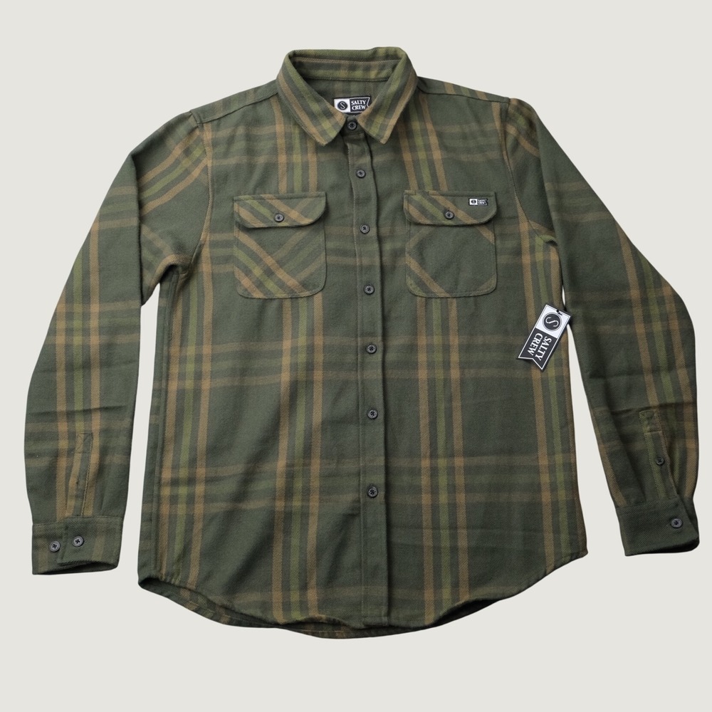 Salty Crew Flannel Button Down Shirt Medium Green Plaid Polyester NWT